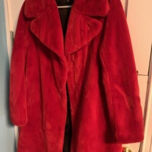 Red faux fur coat